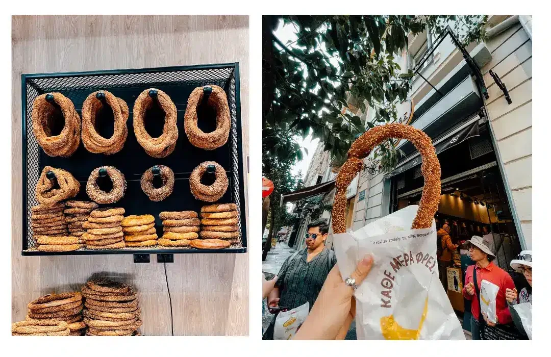 (left) Traditional greek bagels, Koulouri, hang on display in a shop window (right) Someone holds up a greek bagel with the traditional topping of sesame seeds with a tree and the bakery in the background